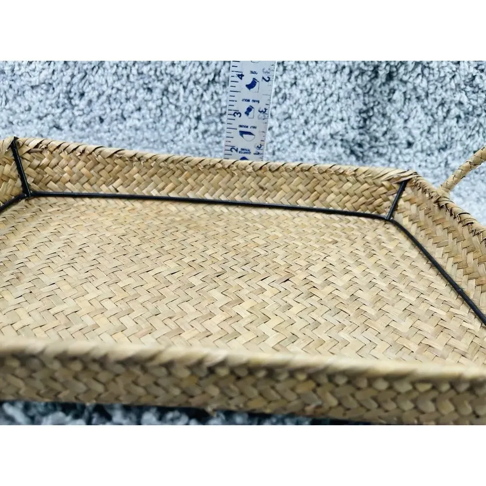 Rectangular Tray w/Handles Metal Frame Inside Weaved Basket Brown Home Decor